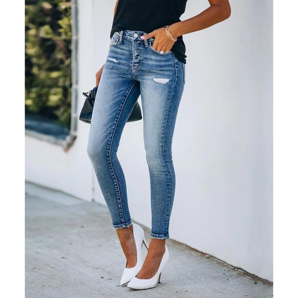 Women's Ripped Skinny Jeans Stretch Denim Pants Light Distressed Medium Wash - Picture 4 of 5